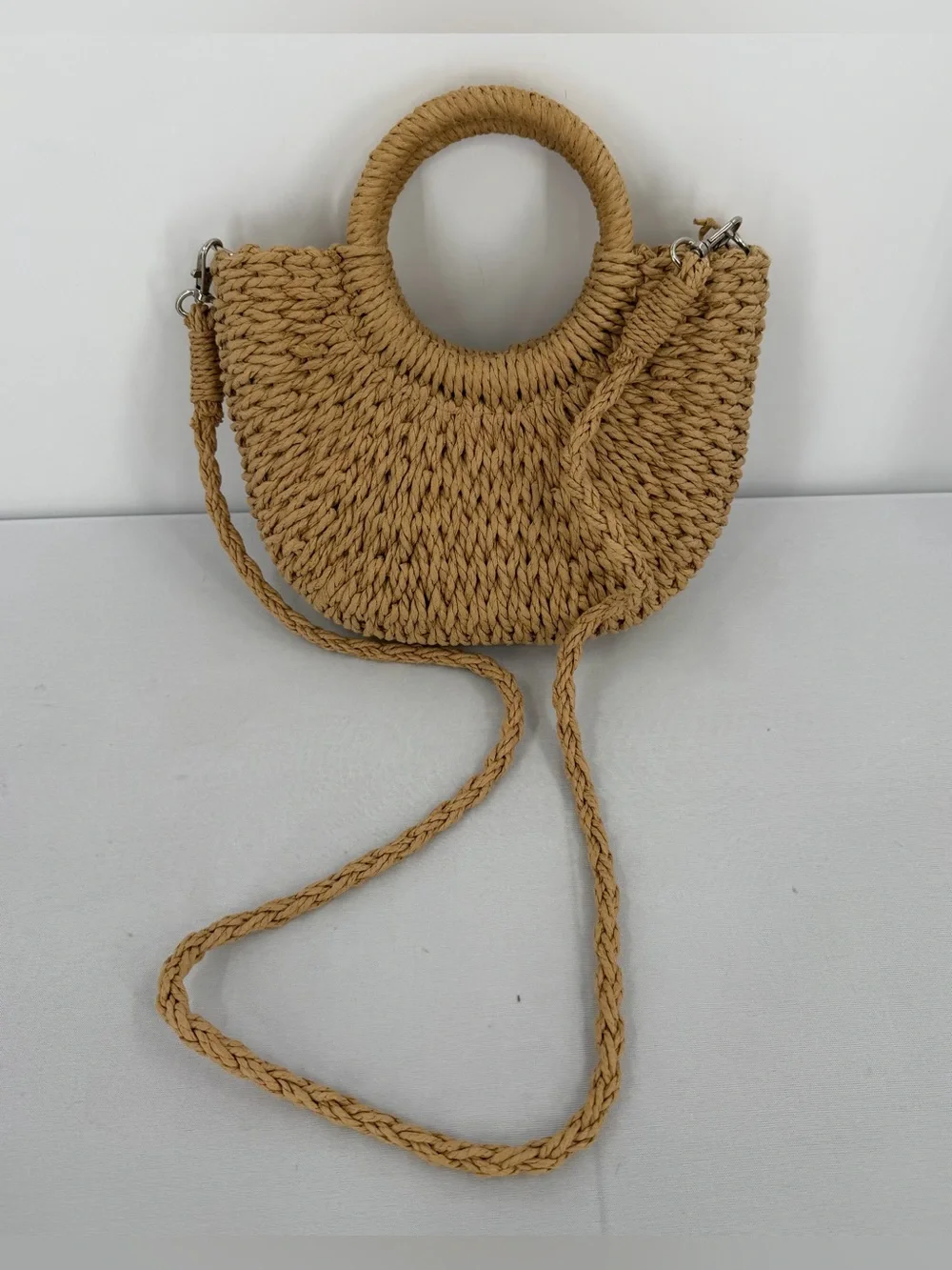 Tan Woven Straw Raffia small beach tote Crossbody Boho Resort vacation coastal